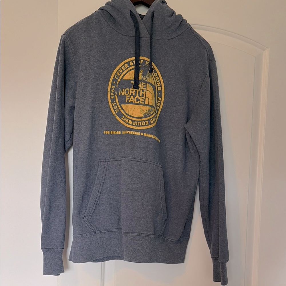 The North Face Men's Gray Pullover Hoodie with Yellow Logo